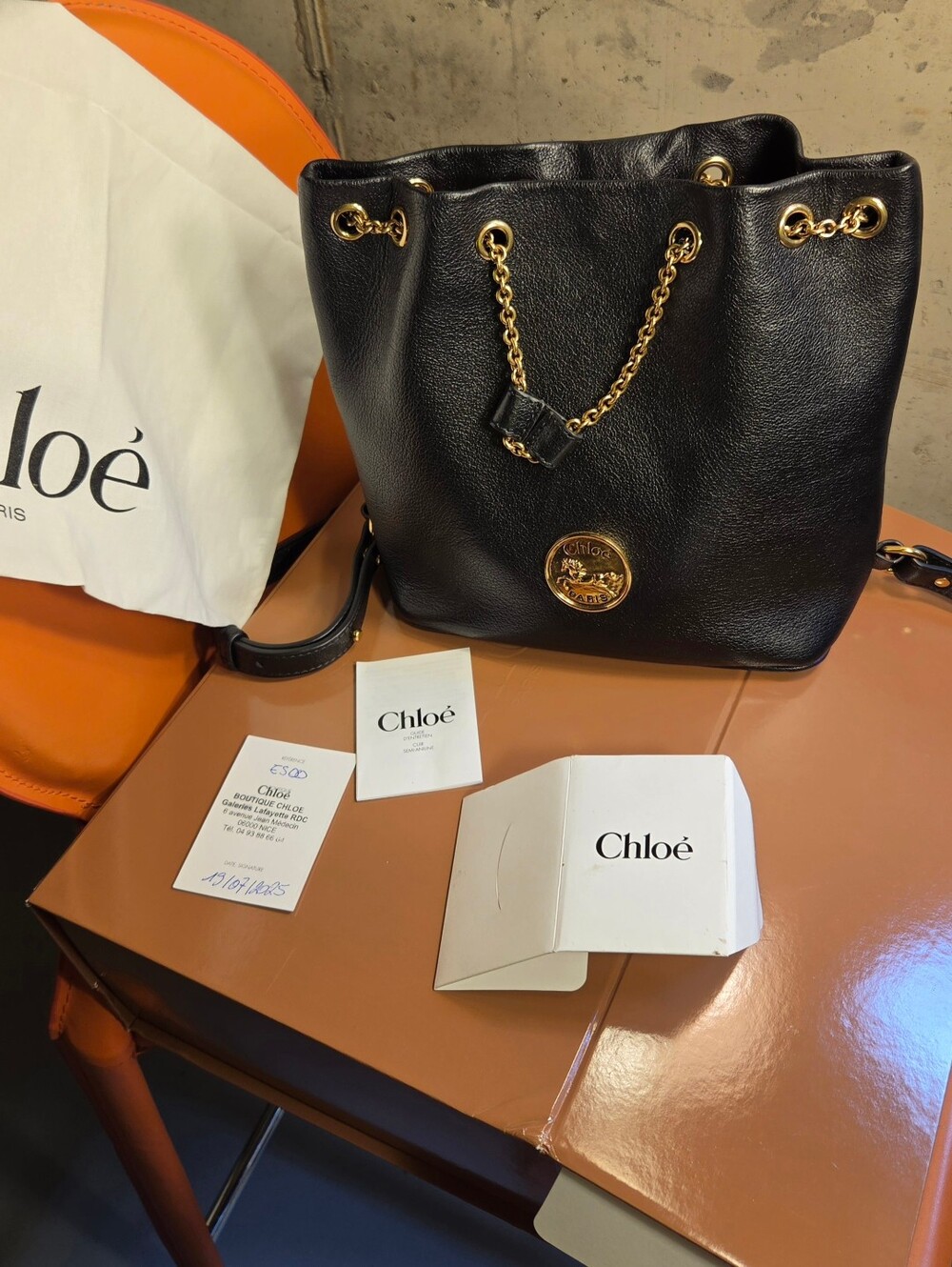 CHLOE Black Leather Horse Medal Convertible Backpack Bucket Bag NIB Dustbag Aut